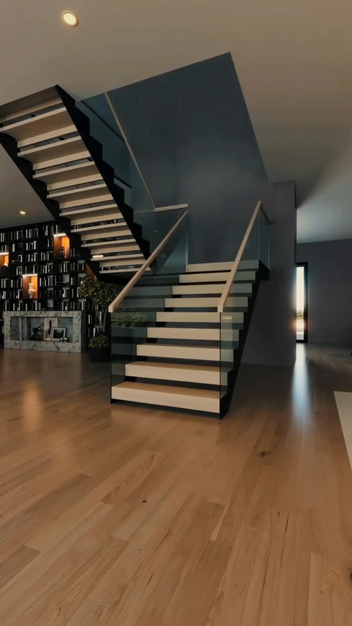 Custom glass balustrade railing system on floating stairs in a Bay Area home