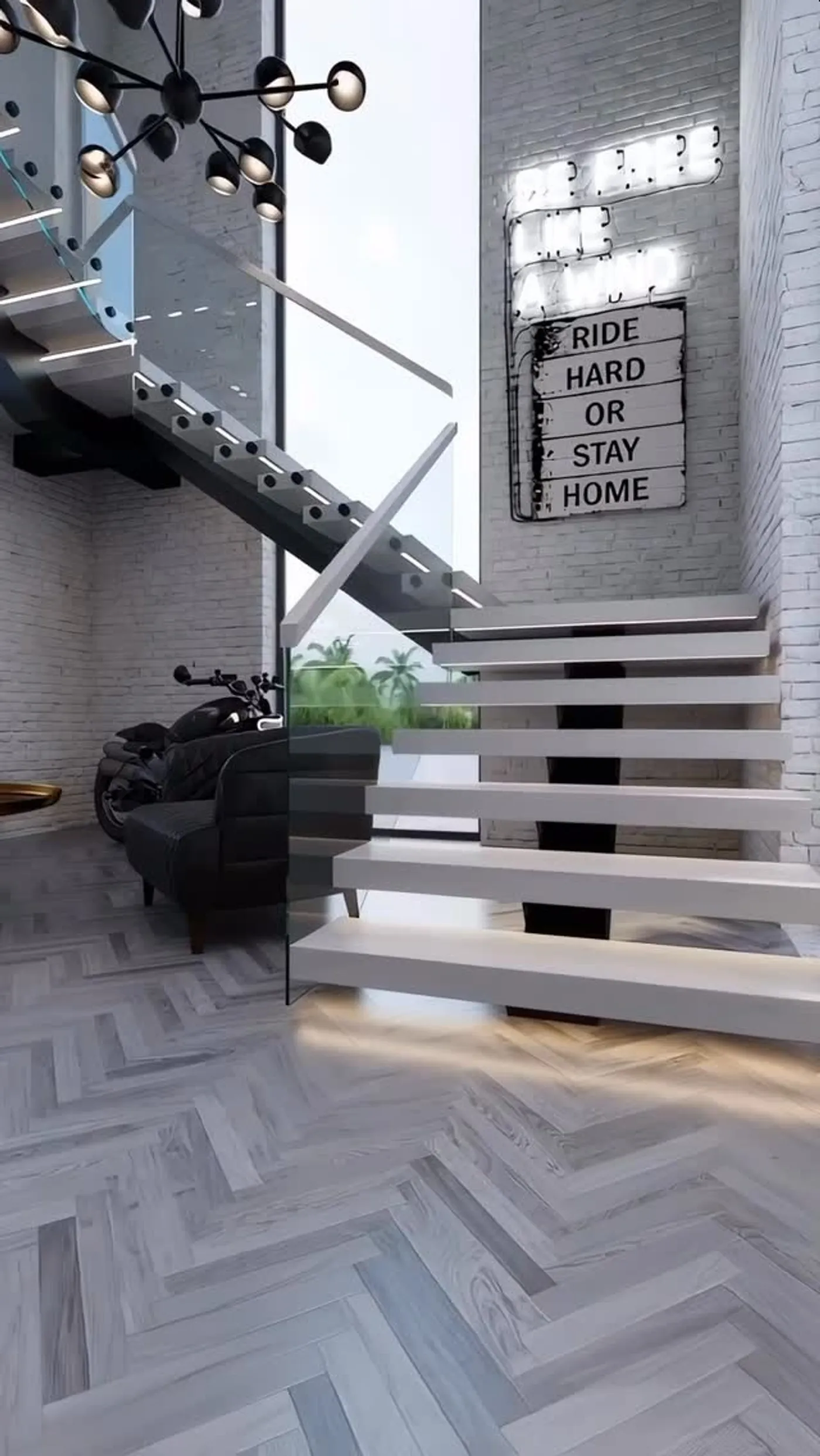 Floating stairs with integrated LED lighting in a San Francisco loft